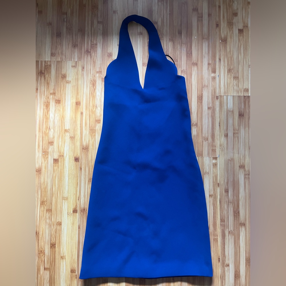 NWT CARVEN Blue Marine Menthe Scalloped Halter Dress Size 36